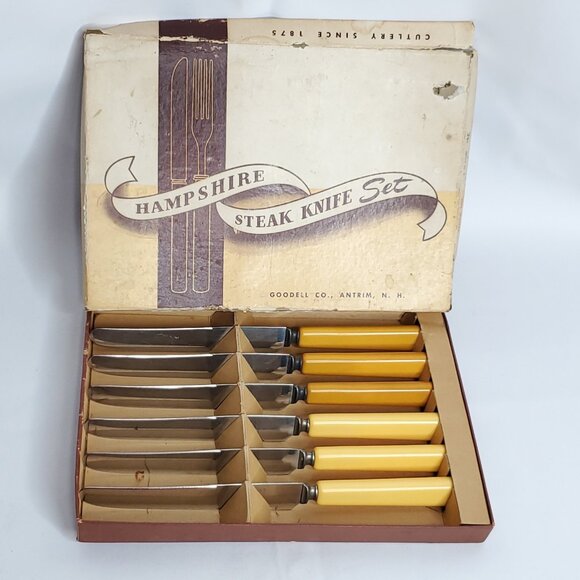 Vintage Steak Knife Set Bakelite Handles Yellow Butterscotch Stainless Steel - Picture 6 of 7